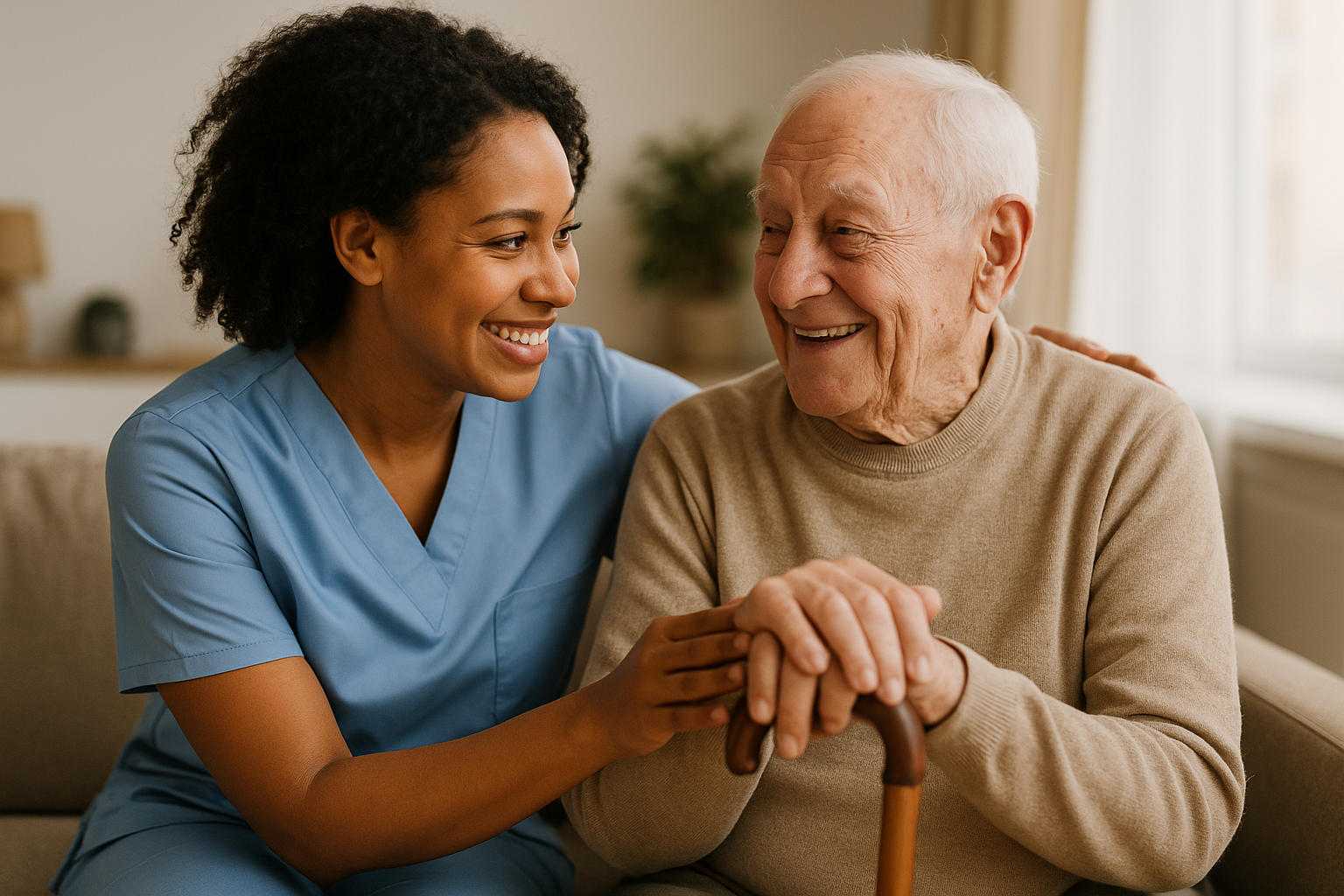 Support worker smiling with a client